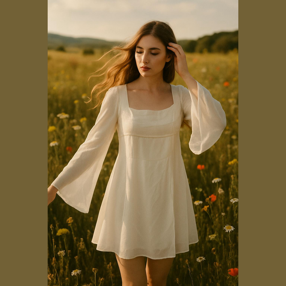 Beginning Boutique White Angel Mini Dress Long Sheer Bell Sleeves Square Necklin